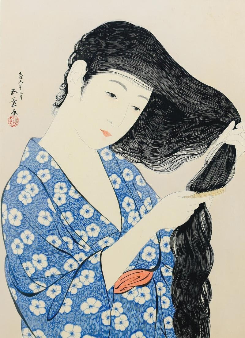 真作】【WISH】橋口五葉「髪すき」木版画 6号大 和美人 〇大正の歌麿