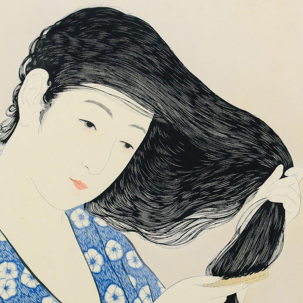 真作】【WISH】橋口五葉「髪すき」木版画 6号大 和美人 〇大正の歌麿