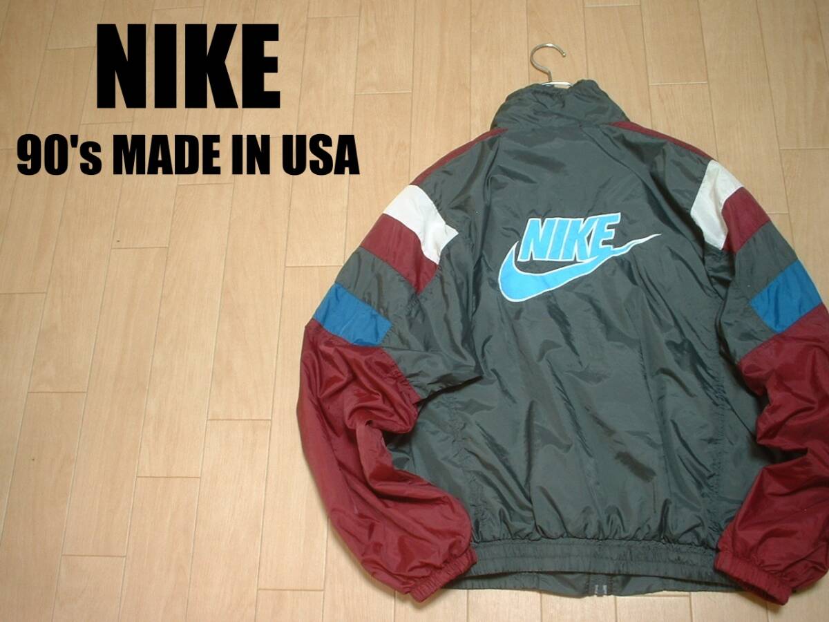 90sビンテージUSA製NIKEビッグロゴスウッシュ刺繍ナイロンジャケットXL