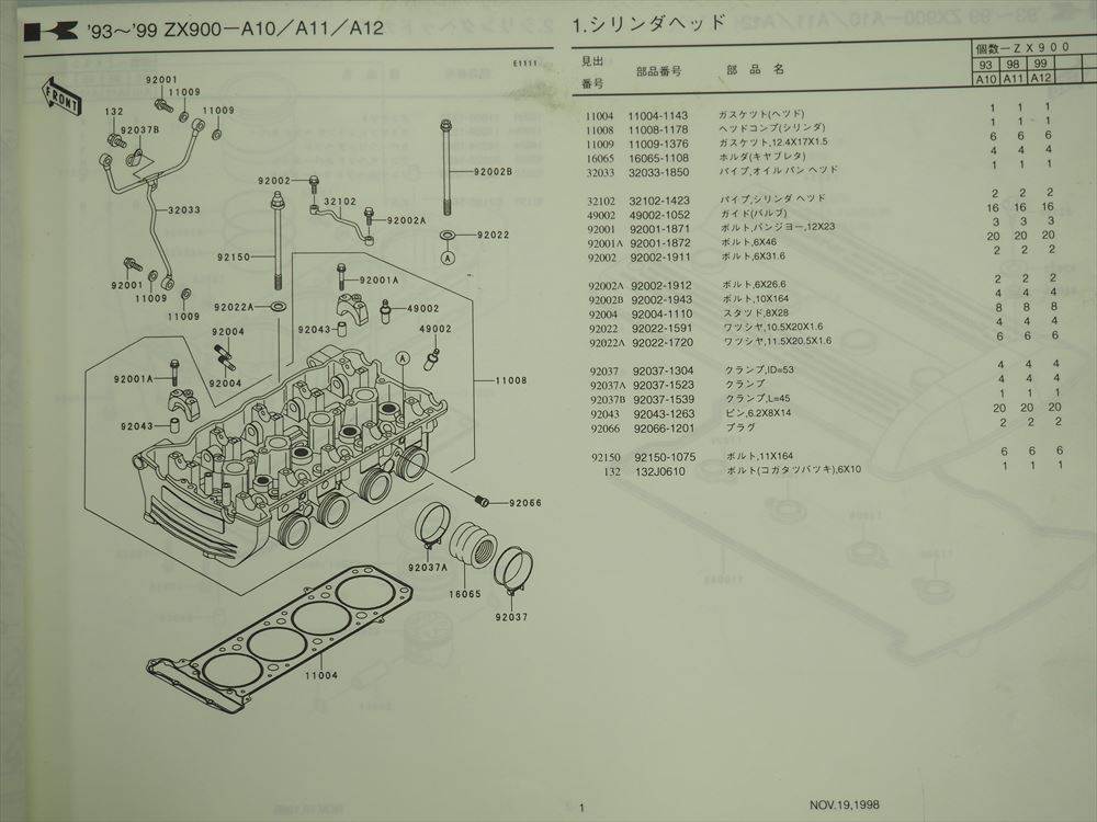 GPZ900R ZX900-A10 ZX900-A11 ZX900-A12 KAWASAKI パーツリスト 平成10