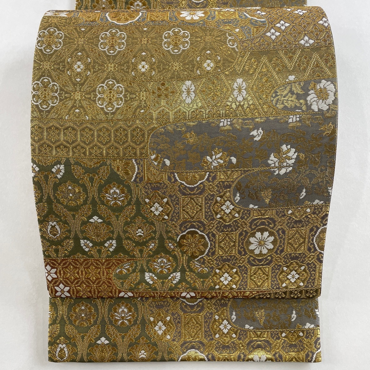 袋帯 秀品 松竹梅 違い棚 金糸 金彩 灰紫 お太鼓柄 正絹 【中古】 袋帯