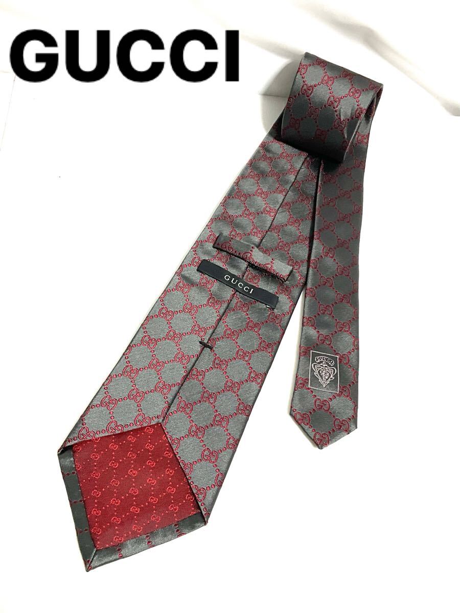 GUCCI グッチ ネクタイ グレー レッド系 GGマーク 柄 送料185円（追跡 