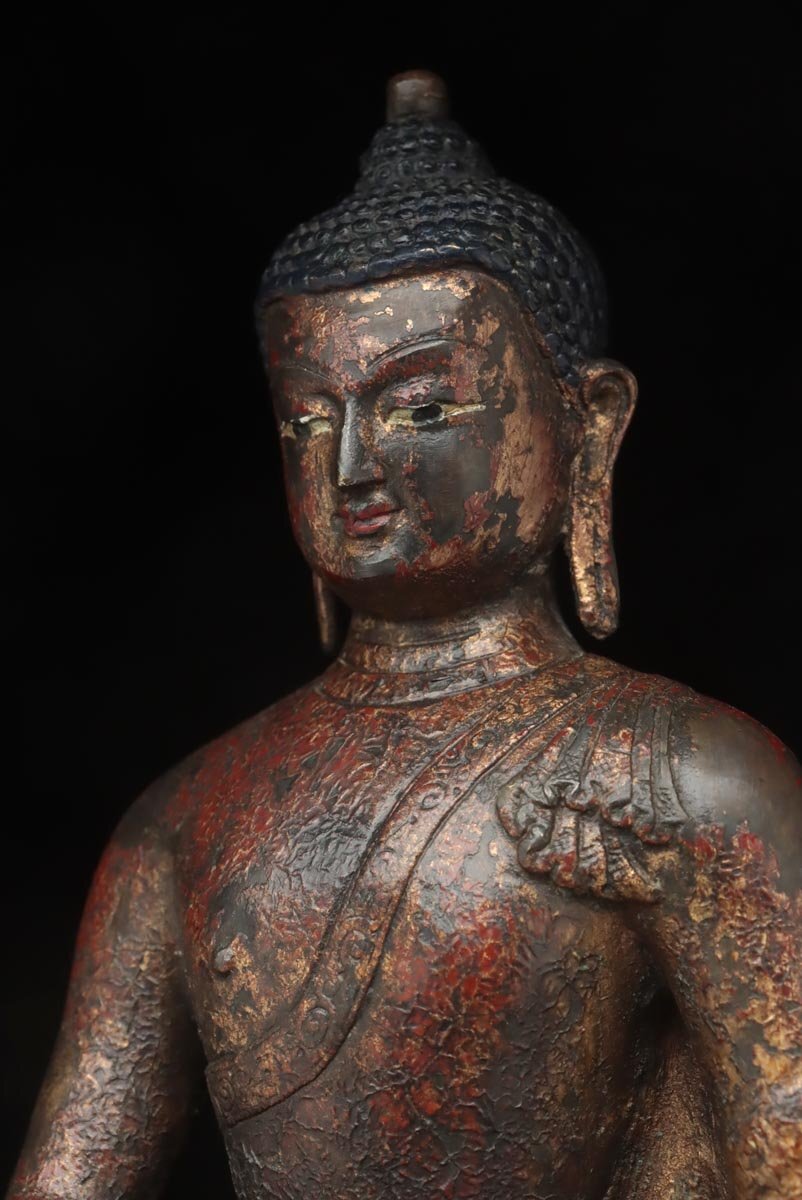 EX297 中国美術 底款 銅漆金「釈迦如来坐像」高27.5cm 重3.9kg・銅漆金