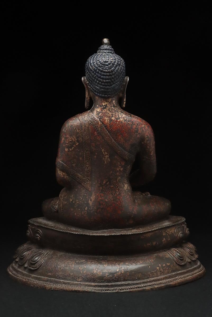 EX297 中国美術 底款 銅漆金「釈迦如来坐像」高27.5cm 重3.9kg・銅漆金