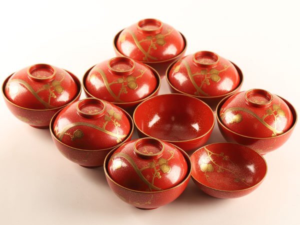 流】時代漆器 朱塗 梨地梅蒔絵 吸物椀八客 箱付 TX032 輪島塗 【公式通販】