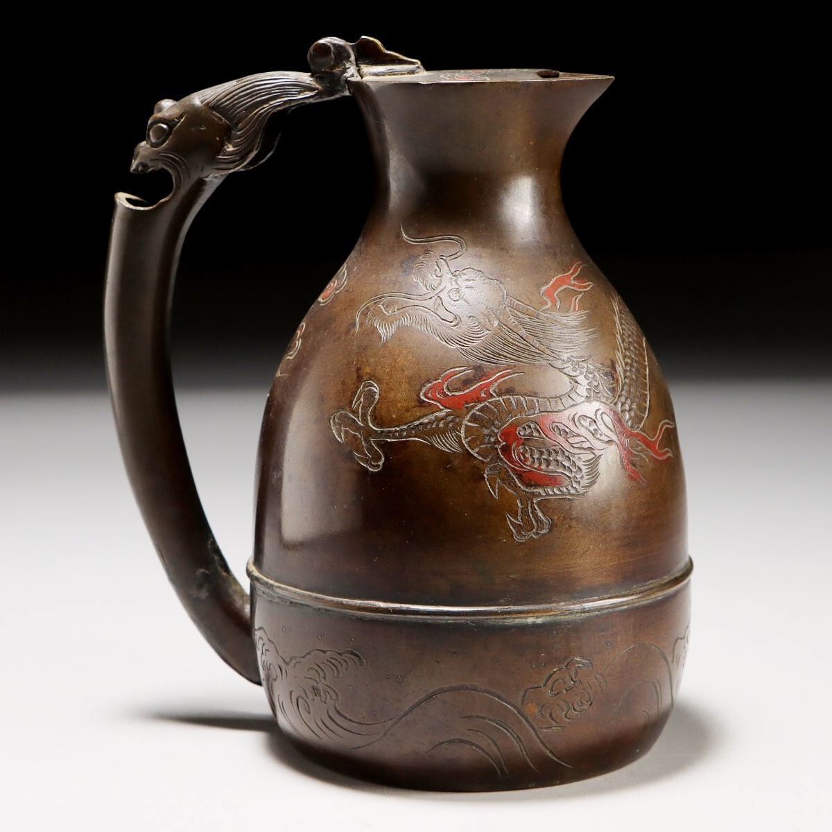 PJ843. 時代金工美術 古銅 鬼面持手 雲竜宝珠文 水注 / 銅器水差古美術
