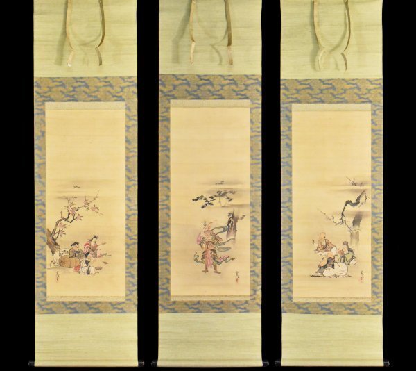 狩野探信　　絹本着色　七福神之図　　軸先木　合箱　掛軸一幅 レアな作品 K4770 模写 狩野常信「七福神 三幅対」絹本 合箱 狩野尚信の子 狩野