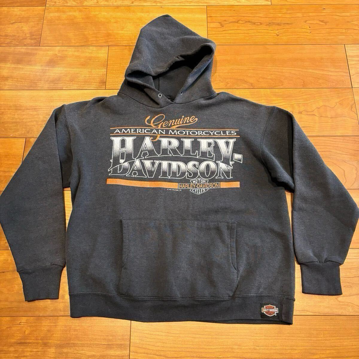 90s HARLEY DAVIDSON 両面プリント スウェットパーカー DELTA USA製 墨