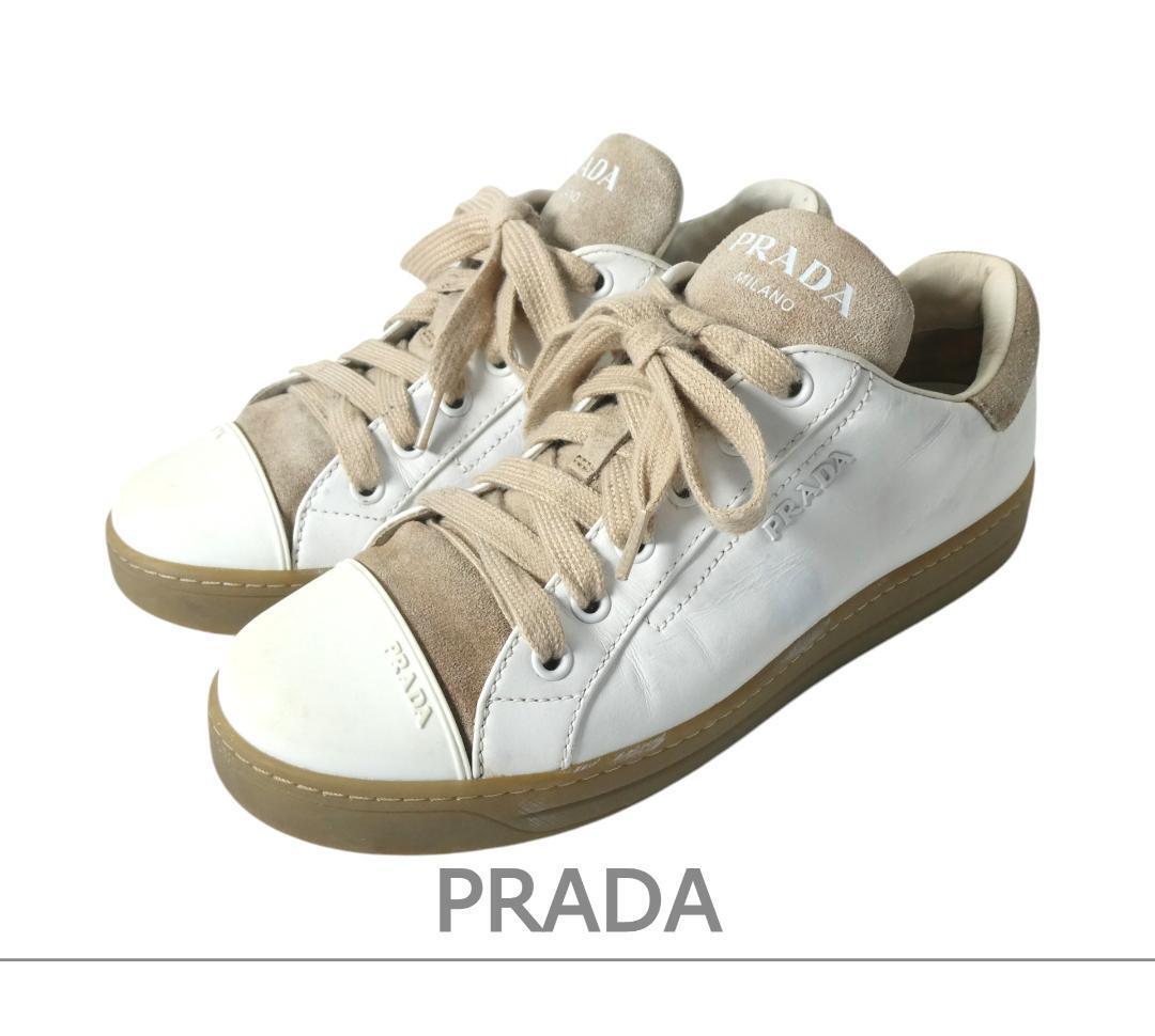 PRADA プラダ サイズ36.5 約23.5㎝ レザー×スエード ロゴ レースアップ 