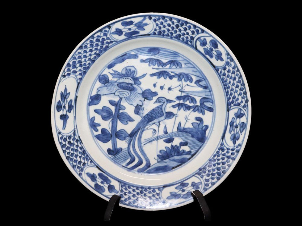 江】中国古玩 呉須染付鳳凰花絵付皿 直径約27.3cm 古美術品(懐石料理