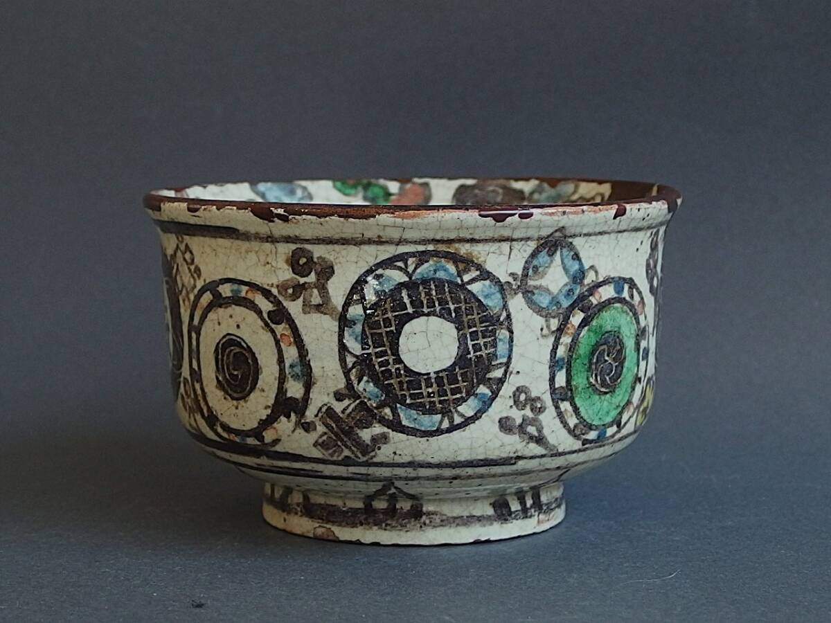 ☆乾山焼★菓子器★江戸時代★骨董品　☆ ◎野遊6 楽しげな乾山焼色絵丸文尽し茶碗 尾形乾山意匠 江戸時代中期