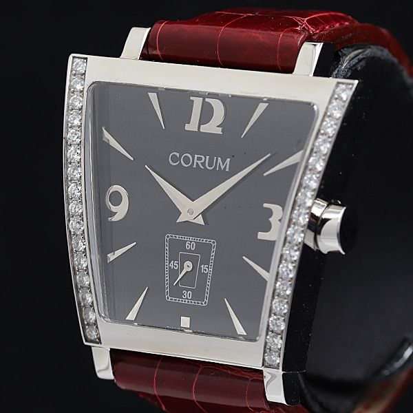 1円 保/箱付 稼働 極美品 コルム トラピーズ QZ 106.406.47 ダイヤベゼル ブラック文字盤 メンズ腕時計 0016500 2JWT KMR_1