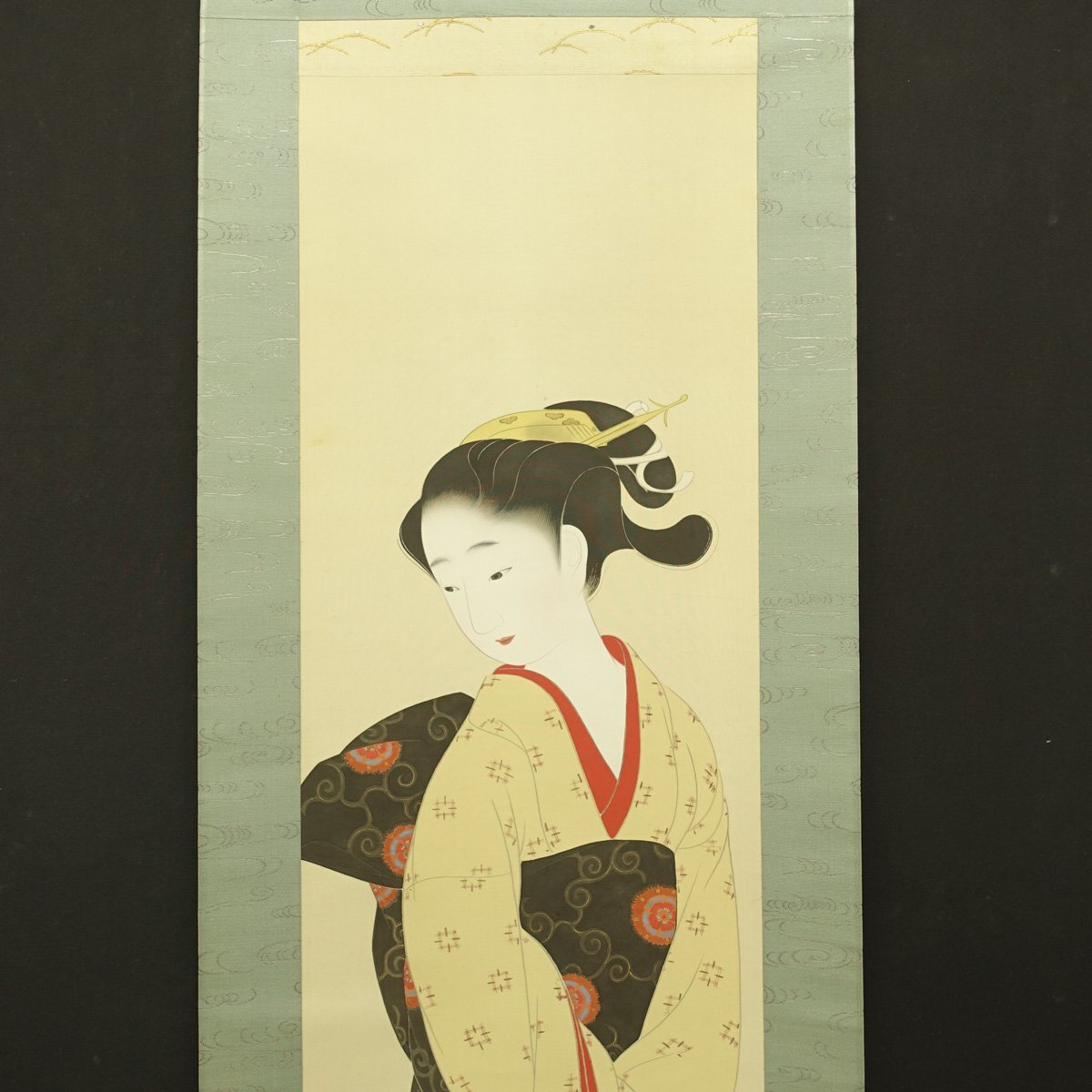 真作】喜聞◇『谷角日沙春 美人画 (初夏 夏姿の少女像)』 1幅 古筆 古