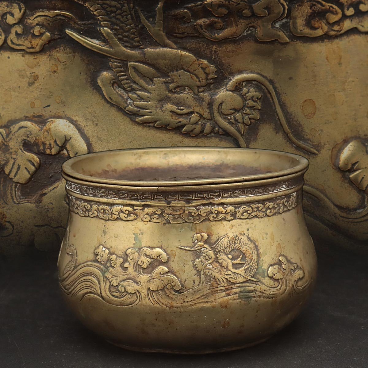 FA729 時代 銅鍍金波龍文建水 径17.5cm・銅鍍金海水龍紋茶船・茶こぼし