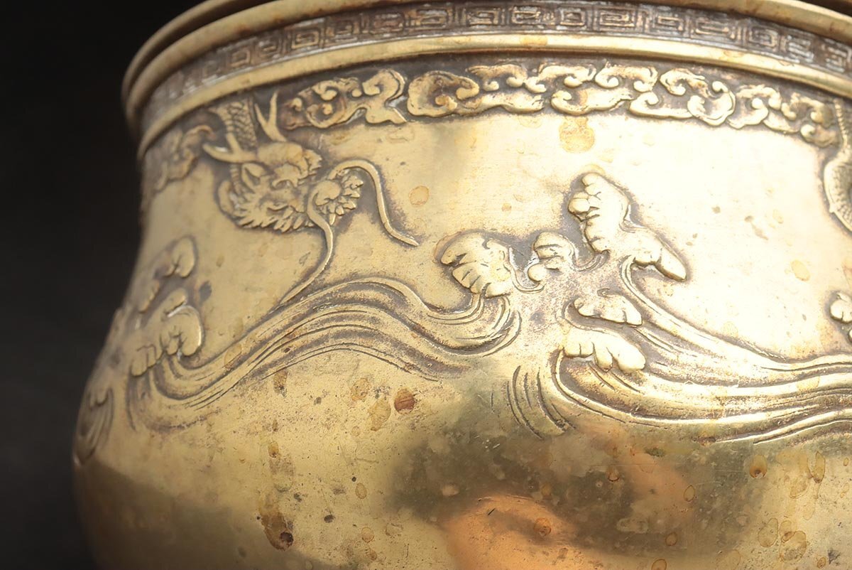 FA729 時代 銅鍍金波龍文建水 径17.5cm・銅鍍金海水龍紋茶船・茶こぼし
