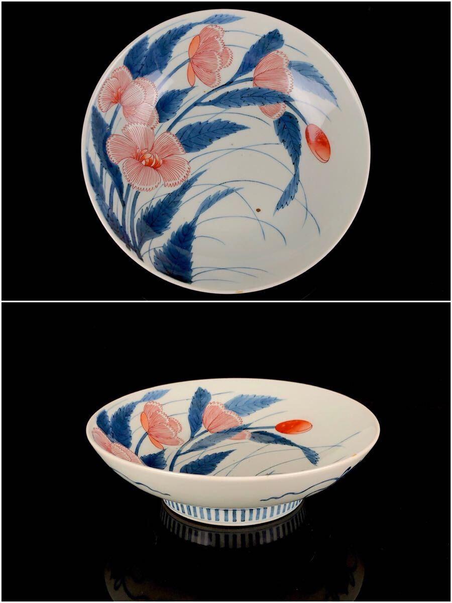 鍋島焼 色鍋島 色絵 撫子紋 高台皿 櫛高台 草花図 古染付 深鉢 飾皿