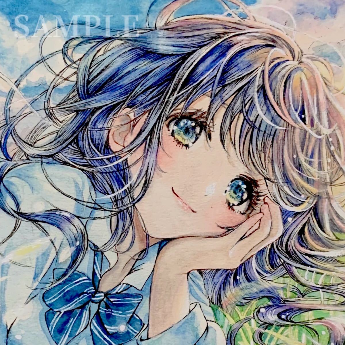 手描きイラスト オリジナル 原画 透明水彩 女の子 アナログ 制服