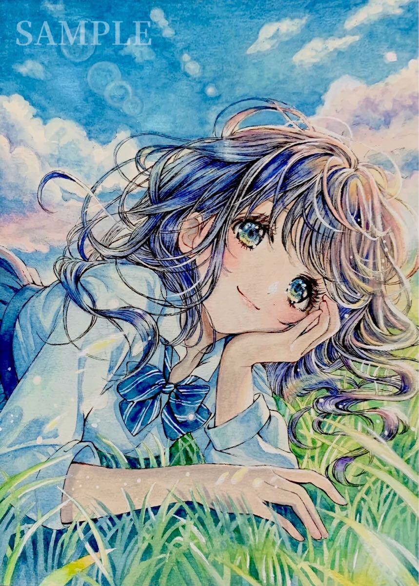 手描きイラスト オリジナル 原画 透明水彩 女の子 アナログ 制服