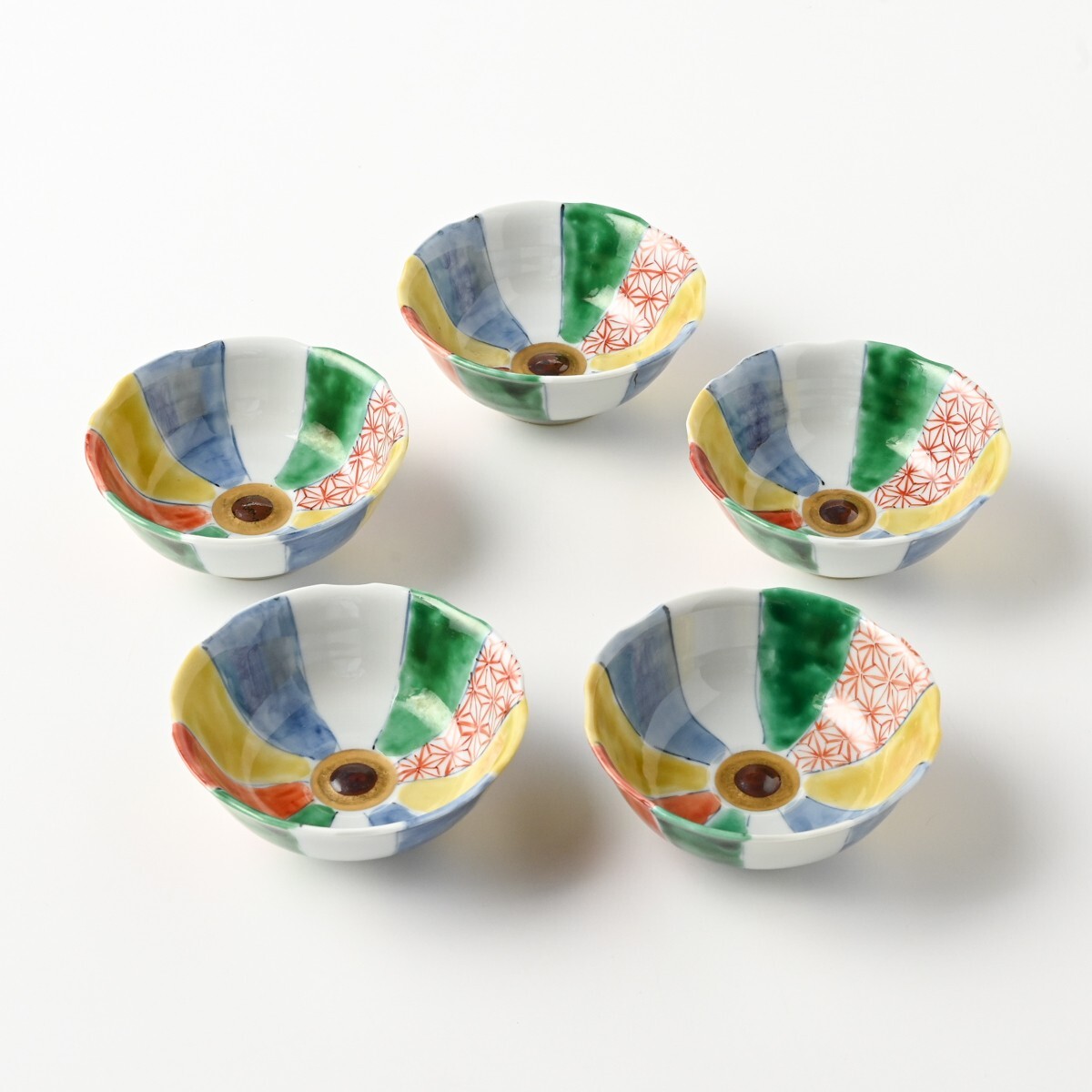須田菁華造】九谷焼 染錦 紙風船文鉢 向付 計5客 直径約110mm/H約45mm