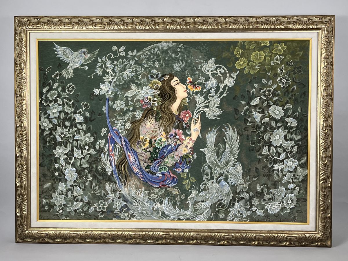 B14 タブリーズ アリナサブ工房 絵画絨毯 額装 144万ノット◇イラン