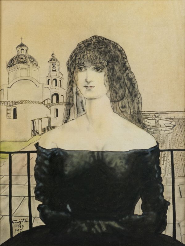 模写 藤田嗣治 油彩 手描き 美しいスペイン女 表サイン 裏サイン 岡田