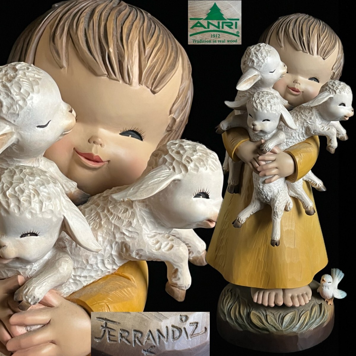 アンリ木彫り人形 Juan Ferrandiz作 高さ51cm 特大51cm ANRI アンリ 木彫り人形 Juan Ferrandiz作「春の訪れ」羊を