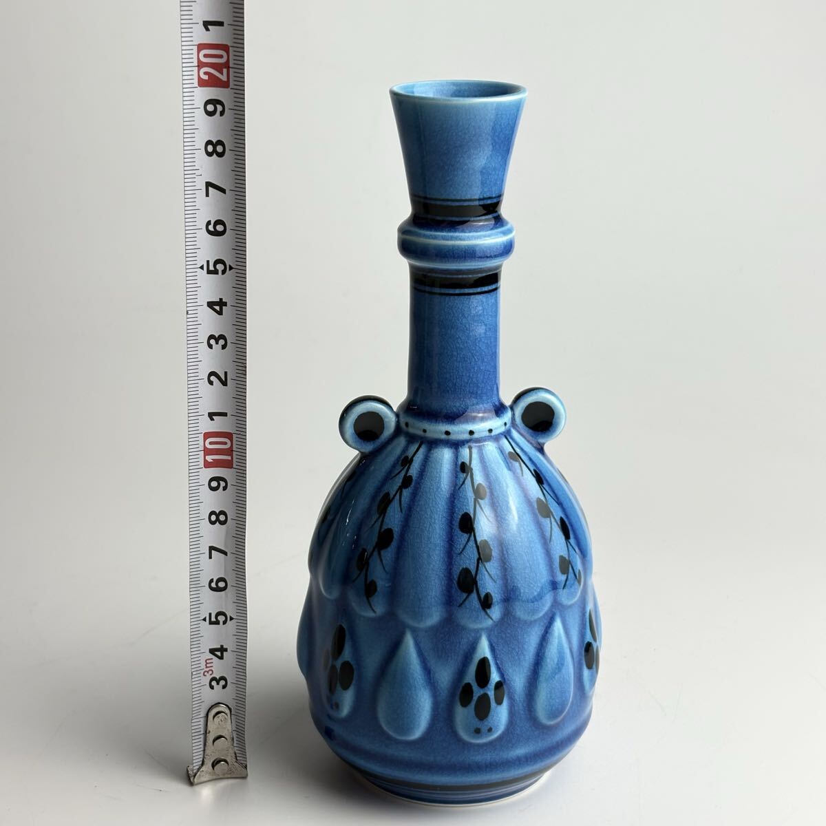 人間国宝 加藤卓男 幸兵衛窯 青釉黒彩双耳花入 共箱 色絵 花瓶 花器 花