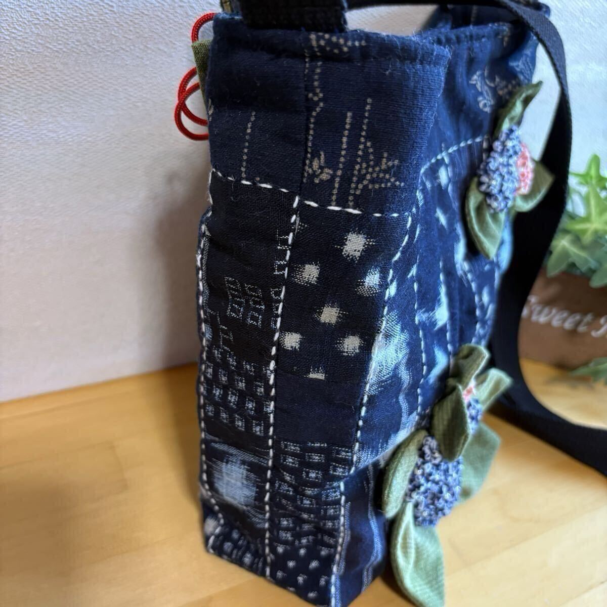 古布 絣 パッチワーク リメイク ポシェット 刺し子 ハンドメイド