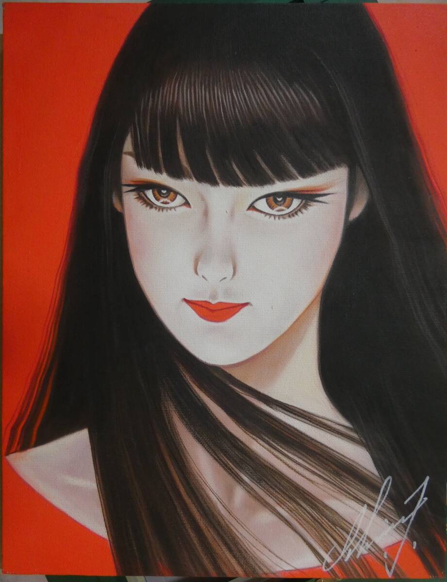 ▽【模写】 絵画 油彩 人物 鶴田一郎「美人画 」〇 サインあり 額縁