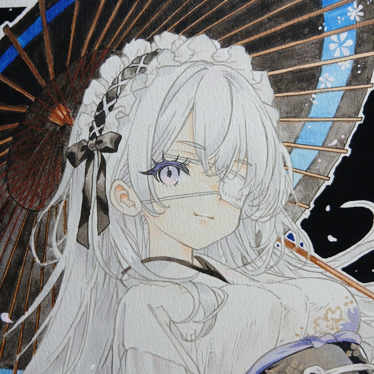 大色紙 手描きイラスト [白に染まって] 原画 美少女 オリジナル 一点物