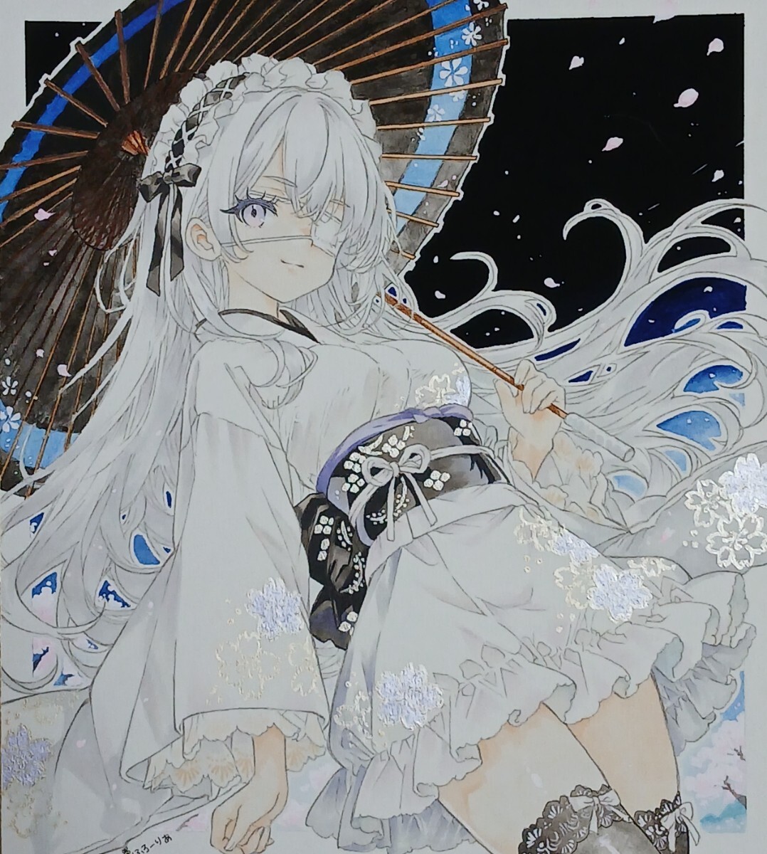 大色紙 手描きイラスト [白に染まって] 原画 美少女 オリジナル 一点物