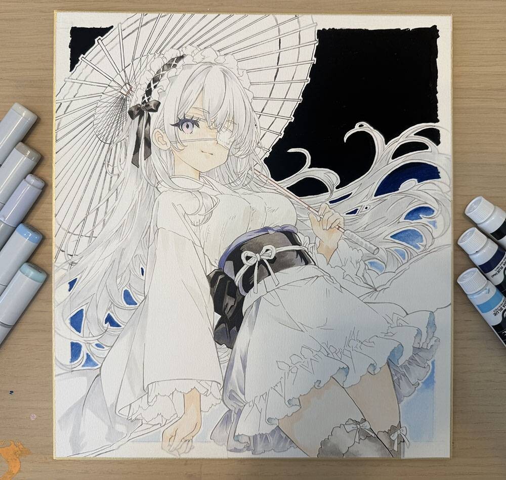 ね*む様 【原画】手描き オリジナル アナログイラスト 大色紙 No.92 大色紙 手描きイラスト [白に染まって] 原画 美少女 オリジナル 一点物