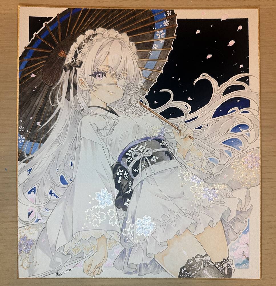 大色紙 手描きイラスト [白に染まって] 原画 美少女 オリジナル 一点物