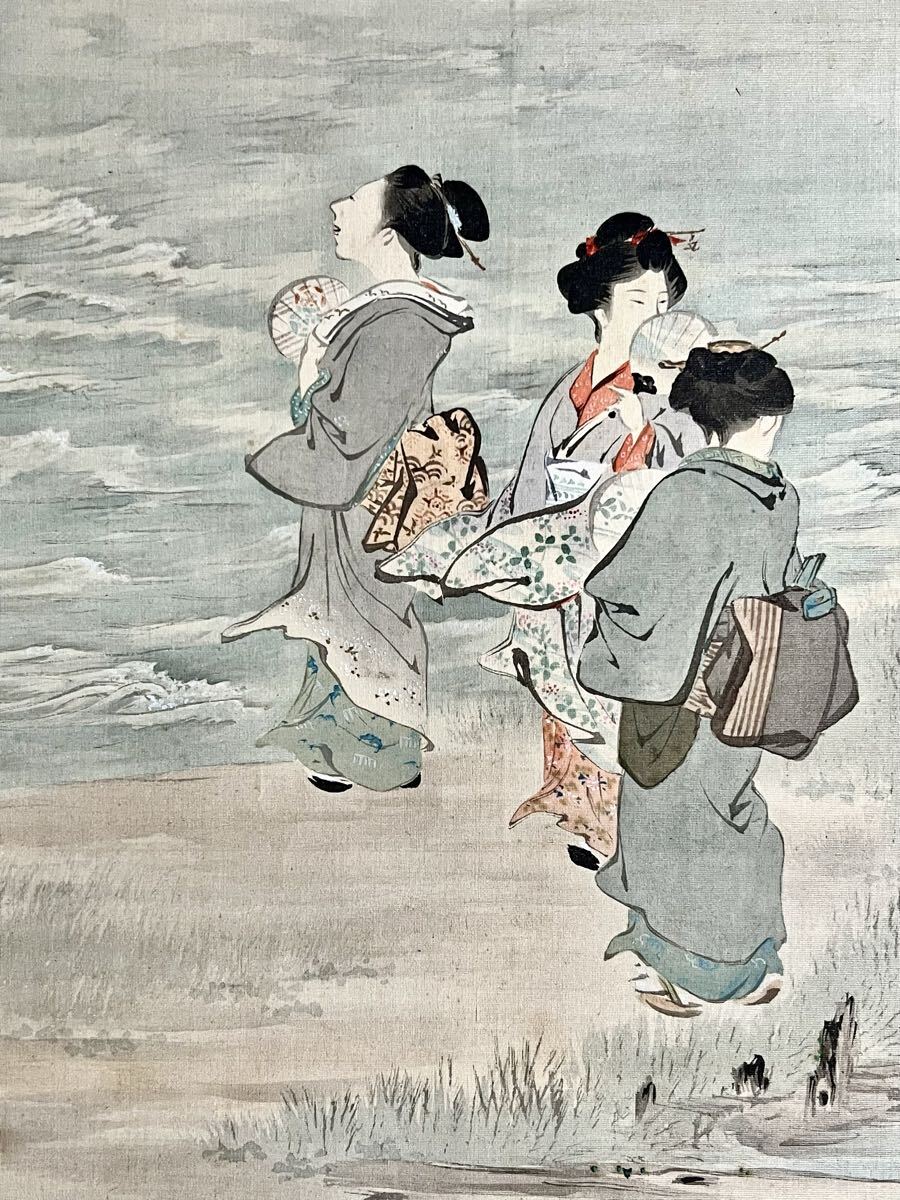 真作】【S8】西宮礼和「川涼み」絹本 肉筆 夏景 美人画 歴史風俗画