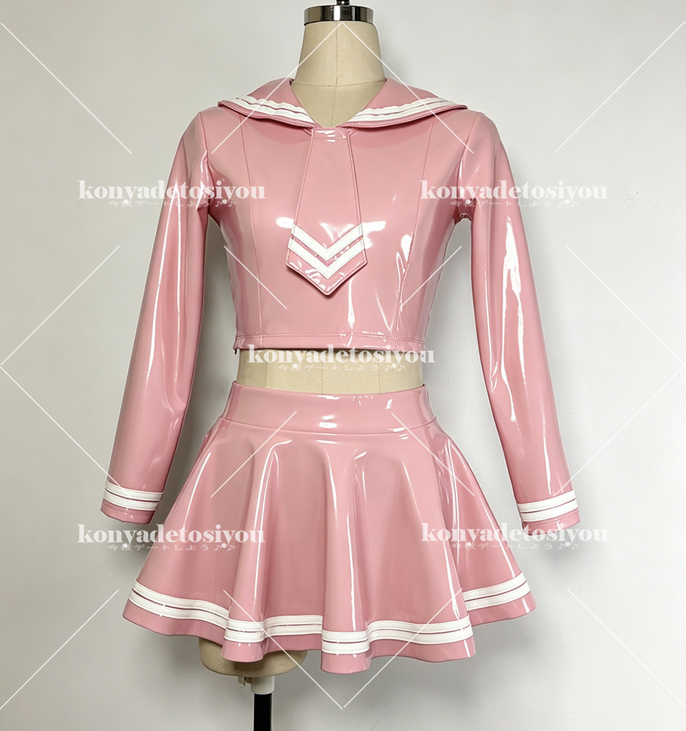 26114ピンク3XL 超光沢 可愛いセーラー風トップス+プリーツスカート