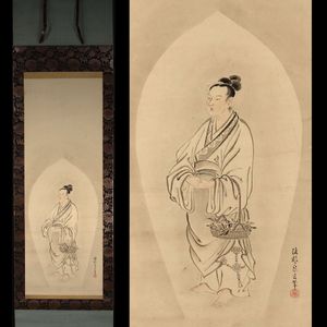 美術品 【真作】//夜久臥橋/魚籃観音像図/美人画/桐共箱付/布袋屋掛軸