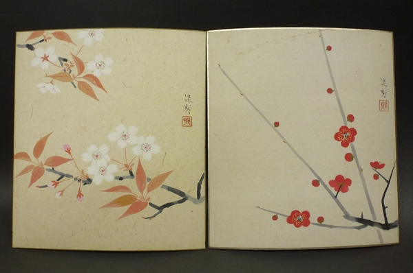 ☆日本画☆ 三輪晁勢 『梅・桜 色紙2枚組』 肉筆 【日展】(花鳥、鳥獣