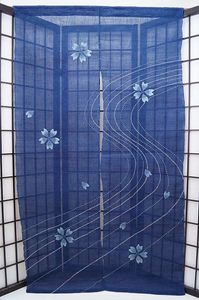 【ひめか】　暖簾-のれん　麻100％刺し子流水桜紺　ｎ-685