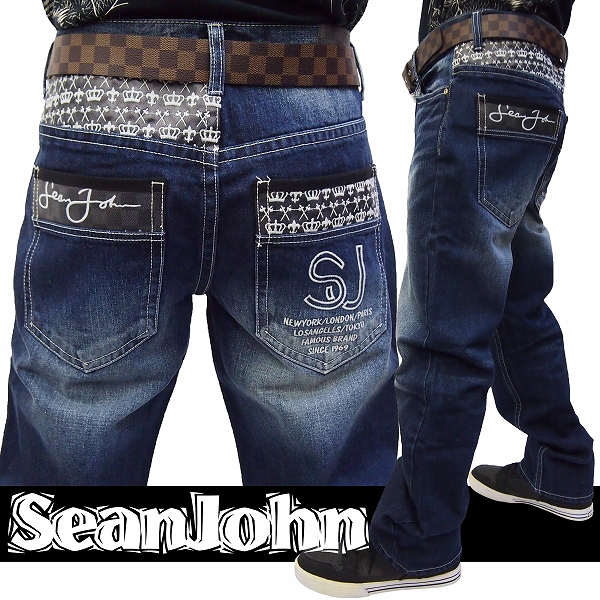 ♪新品 Sean John フェイクレザー切替デニム補強版 青 38in(102)