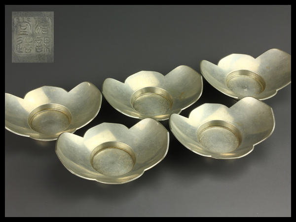 流】煎茶道具 時代純錫製 在銘 茶托五客 古美術品 EF287 流】煎茶道具 時代純錫製 在銘 茶托五客 古美術品 EF287