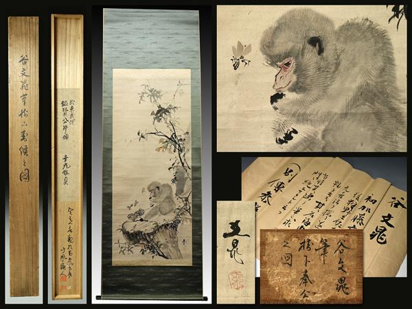 【侍】谷文晁 肉筆紙本水墨 猿 掛軸 箱付 Η515