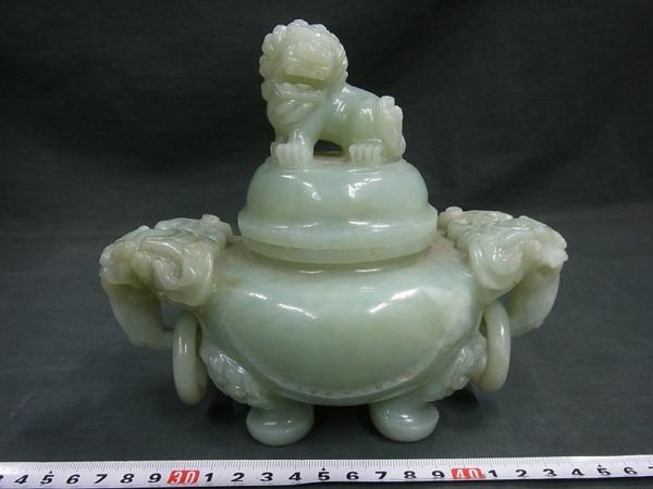 A00293 玉 石彫 遊環獅子蓋三足香炉 1251g 天然秀玉 玉石 翡翠