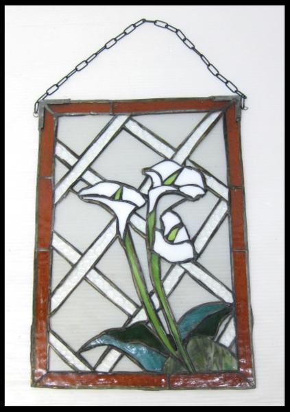 ★ステンドグラス/壁掛け/白い花/約35.5×25cm★1E79TS2A