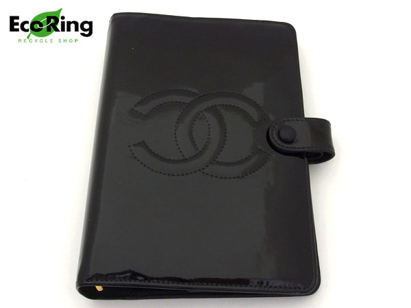 1円 シャネル ココマーク エナメル 手帳カバー ブラック AU716
