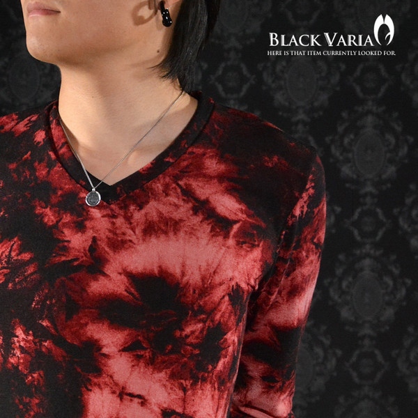 9#151300-1 ムラ柄VネックTシャツカットソーLレッドブラック