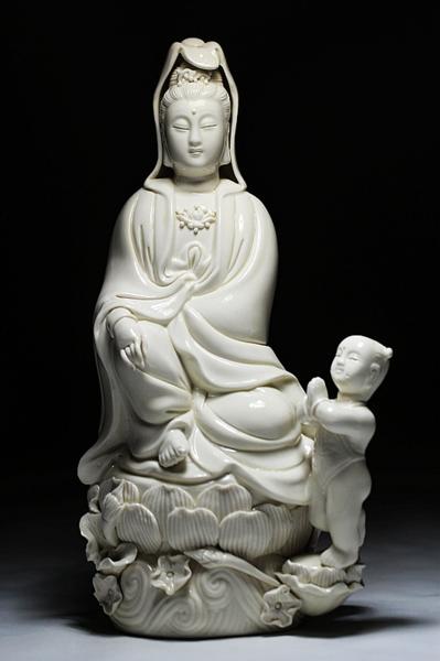 【龍紋】徳化窯 陶磁 小童 観音坐像 仏教美術 33cm 817A