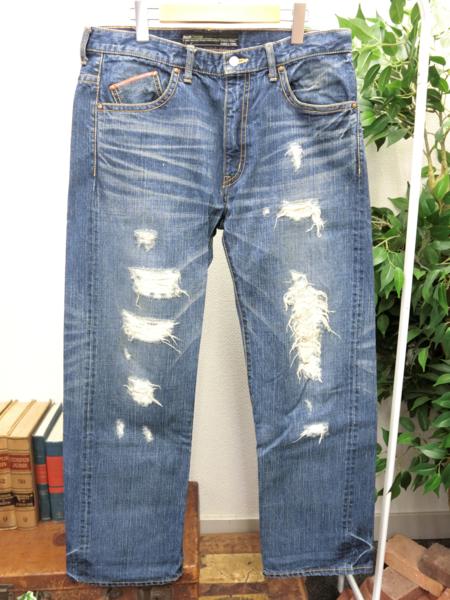 日本製 BACKCHANNEL リペア ダメージ加工 デニム パンツ 青 L