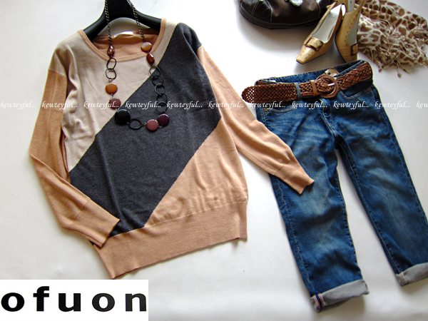 □OFUONオフオン□40配色ブロッキングウールニット11号L新品40(L  