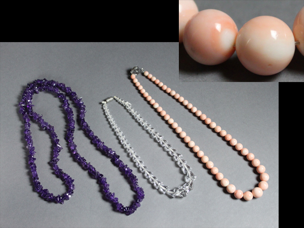 【古玄社】時代　珊瑚水晶紫水晶／ネックレス三点　OS964