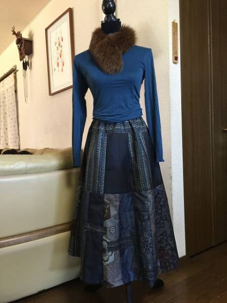 着物リメーク♪　大島紬　３段はぎギャザースカート